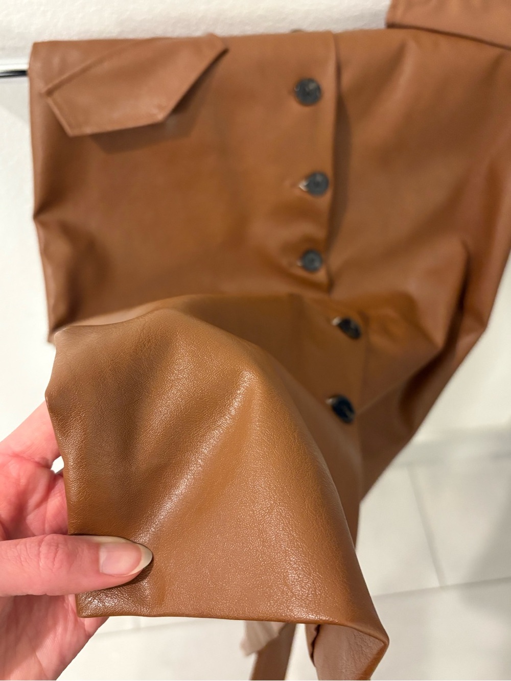 H&M Tan Brown Faux Leather Button-Front Midi Skirt - Picture 3 of 4